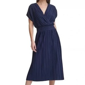 Women's DKNY Blue Pleated Smocked-Waist Midi Dress in Size 14